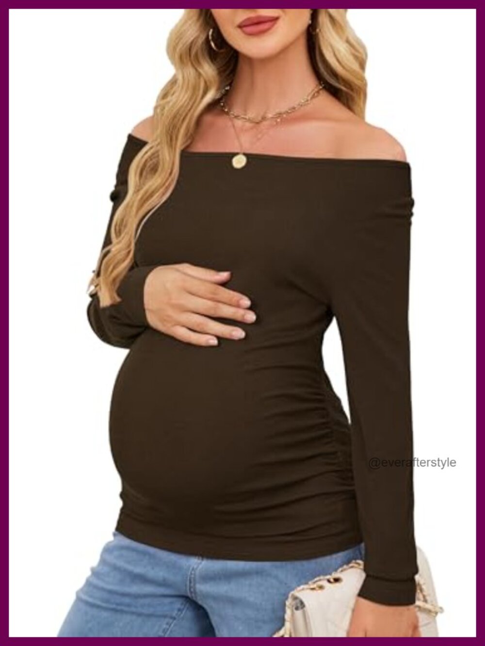 Wool Blend Off Shoulder Side Ruched Maternity Top Slim Fit Long Sleeve